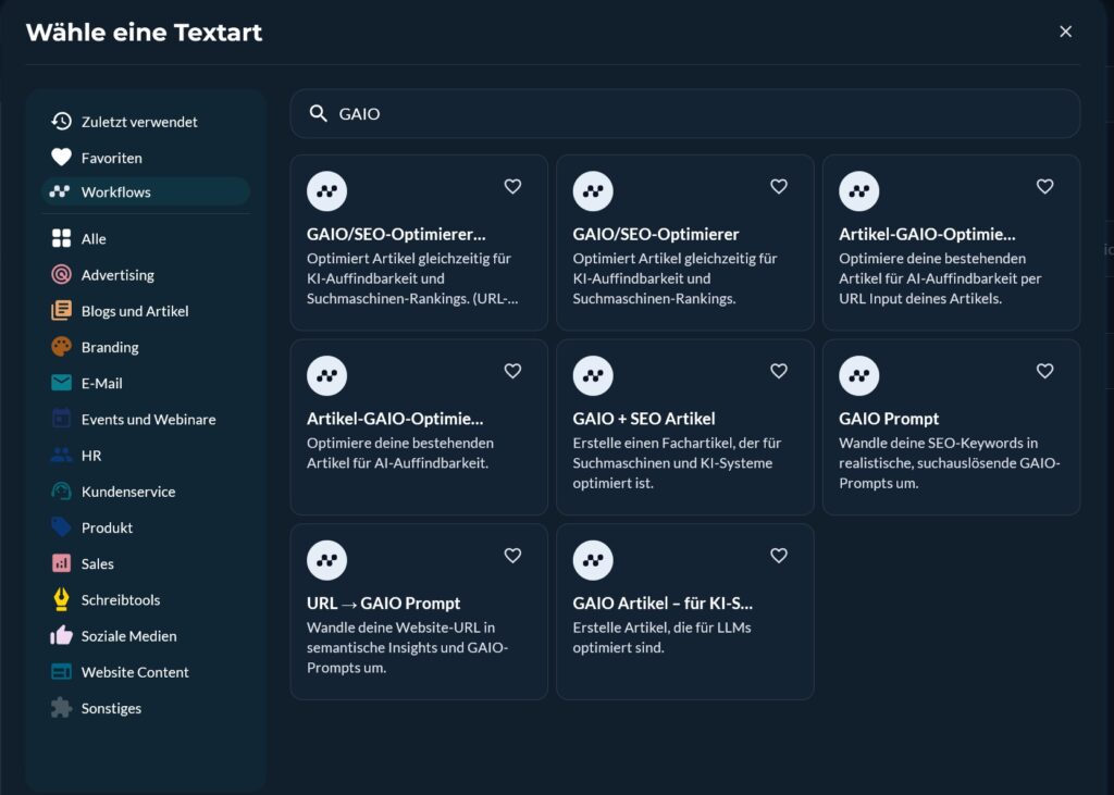 neuroflash Workflows: GAIO