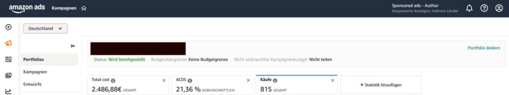 Nischenrecherche für Amazon KDP mit Helium 10: So finde ich starke Q4-Projekte mit Black Box, Xray und Cerebro 4 Screenshot - Amazon ADs Dashboard - Ausgabe