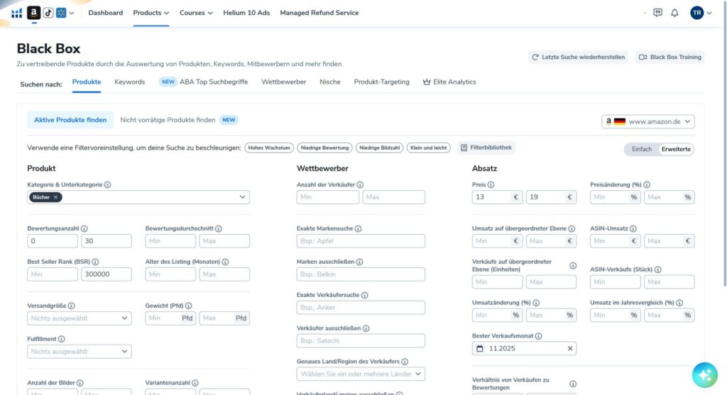 Nischenrecherche für Amazon KDP mit Helium 10: So finde ich starke Q4-Projekte mit Black Box, Xray und Cerebro 6 Screenshot - Black Box: Standard-Einstellung für Q4-Projekte