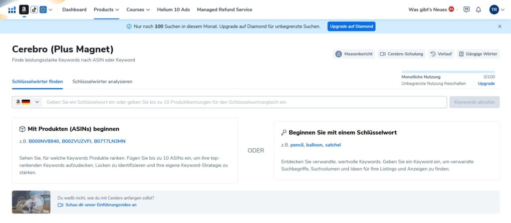 Nischenrecherche für Amazon KDP mit Helium 10: So finde ich starke Q4-Projekte mit Black Box, Xray und Cerebro 8 Screenshot - Ansicht: Cerebro
