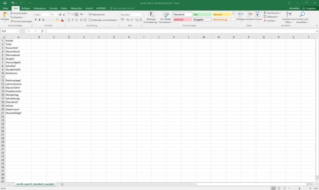 Book Bolt Erfahrungen 2026: So erstellst du Rätselbücher für Amazon KDP 11 Excel-Screenshot: Wortsuche