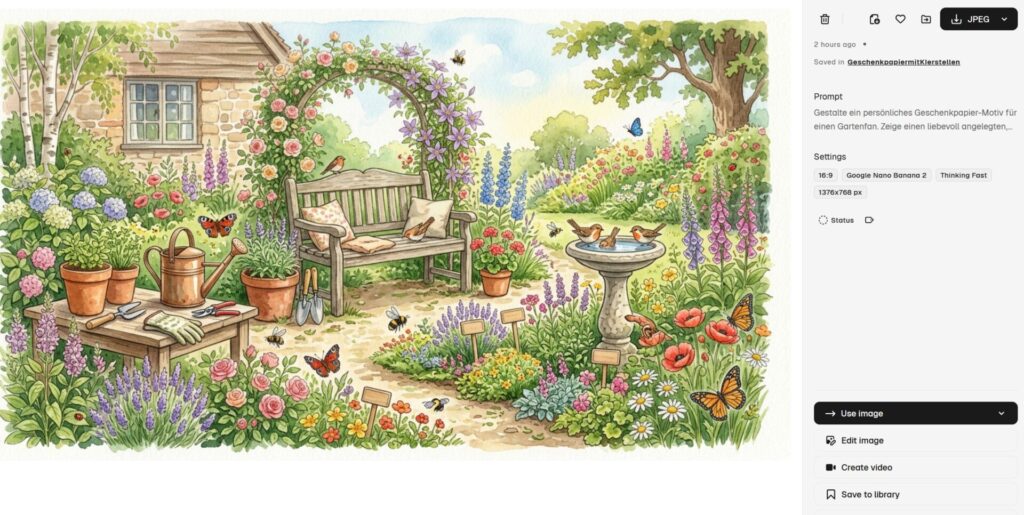 Geschenkpapier selber gestalten mit KI: Zwei Workflows für private und geschäftliche Geschenke 20 Sonniger Garten mit Blumenbeeten, Gießkanne, Holzbank und Bienen als Aquarell-Motiv