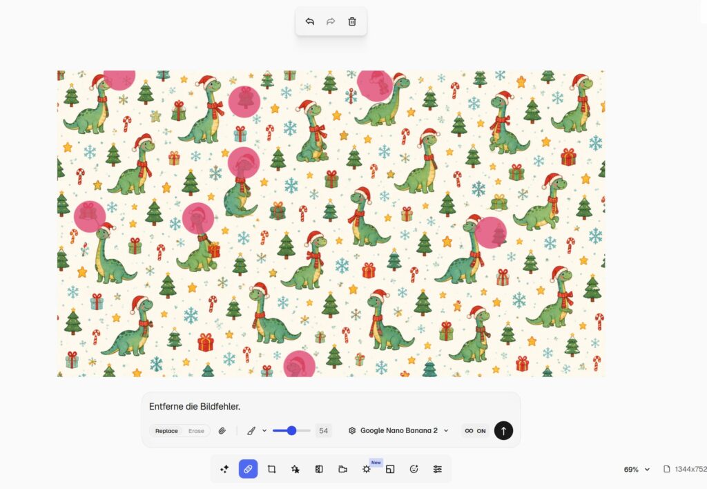 Geschenkpapier selber gestalten mit KI: Zwei Workflows für private und geschäftliche Geschenke 4 Weihnachtsmuster mit Langhalsdinosauriern, Bildfehler farbig markiert