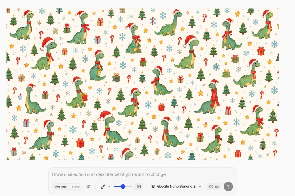 Geschenkpapier selber gestalten mit KI: Zwei Workflows für private und geschäftliche Geschenke 5 Weihnachtsmuster mit Langhalsdinosauriern nach der Korrektur, Bildfehler entfernt