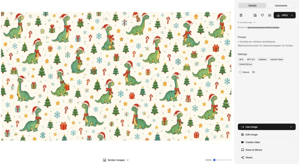 Geschenkpapier selber gestalten mit KI: Zwei Workflows für private und geschäftliche Geschenke 3 Weihnachtsmuster mit Langhalsdinosauriern und Zuckerstangen, noch mit sichtbaren Bildfehlern