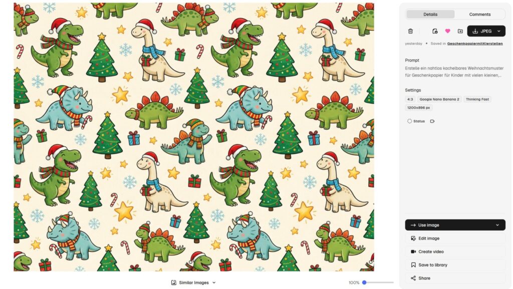 Geschenkpapier selber gestalten mit KI: Zwei Workflows für private und geschäftliche Geschenke 2 Weihnachtsmuster mit kleinen Dinosauriern, Tannenbäumen und Schneeflocken