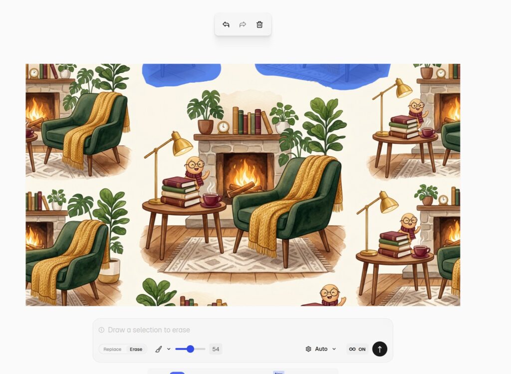 Geschenkpapier selber gestalten mit KI: Zwei Workflows für private und geschäftliche Geschenke 18 Lesewelt mit Bücherwurm, der störende Bildbereich ist farbig markiert