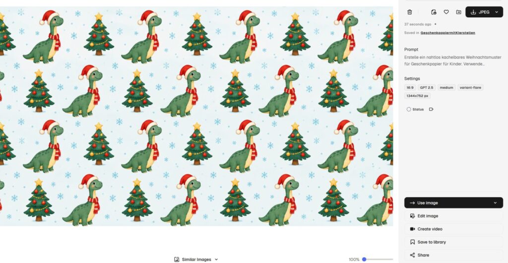 Geschenkpapier selber gestalten mit KI: Zwei Workflows für private und geschäftliche Geschenke 6 Muster mit Langhalsdinosaurier in Mütze und Schal sowie Weihnachtsbaum auf hellem Schneegrund
