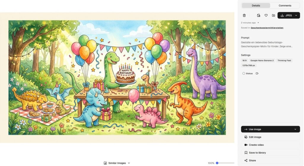 Geschenkpapier selber gestalten mit KI: Zwei Workflows für private und geschäftliche Geschenke 12 Dinosaurier feiern Geburtstag auf einer sonnigen Waldlichtung mit Kuchen, Luftballons und Girlanden