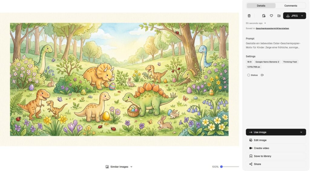 Geschenkpapier selber gestalten mit KI: Zwei Workflows für private und geschäftliche Geschenke 13 Dinosaurier bei der Ostereiersuche auf einer Frühlingslichtung, Aquarell-Motiv