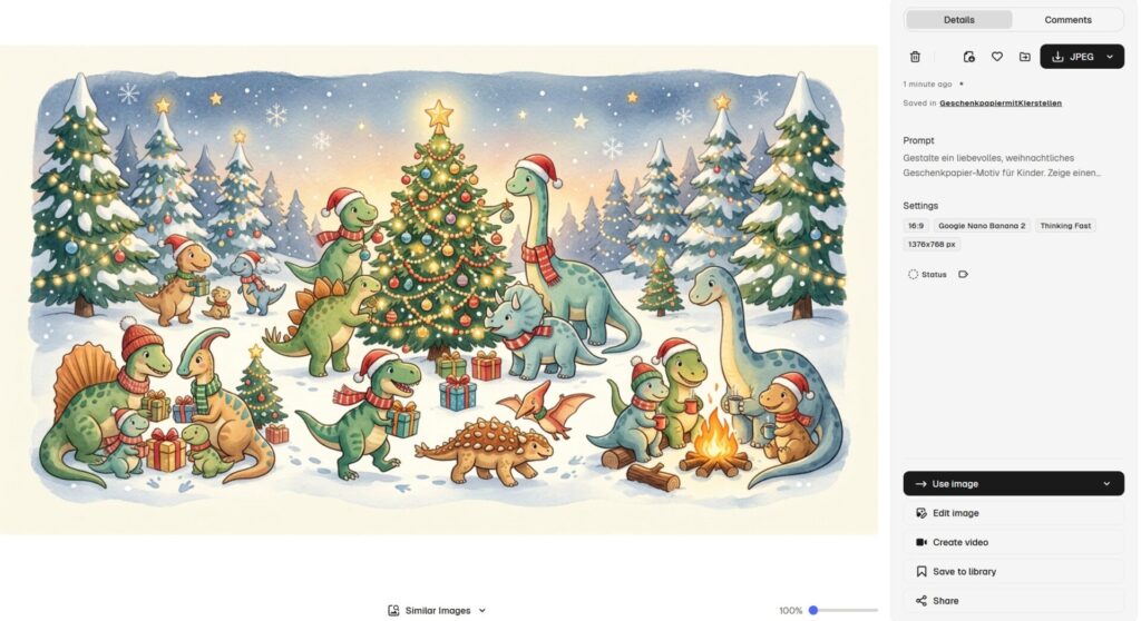 Geschenkpapier selber gestalten mit KI: Zwei Workflows für private und geschäftliche Geschenke 11 Dinosaurier schmücken im verschneiten Wald einen Weihnachtsbaum, Aquarell-Motiv für Kinder