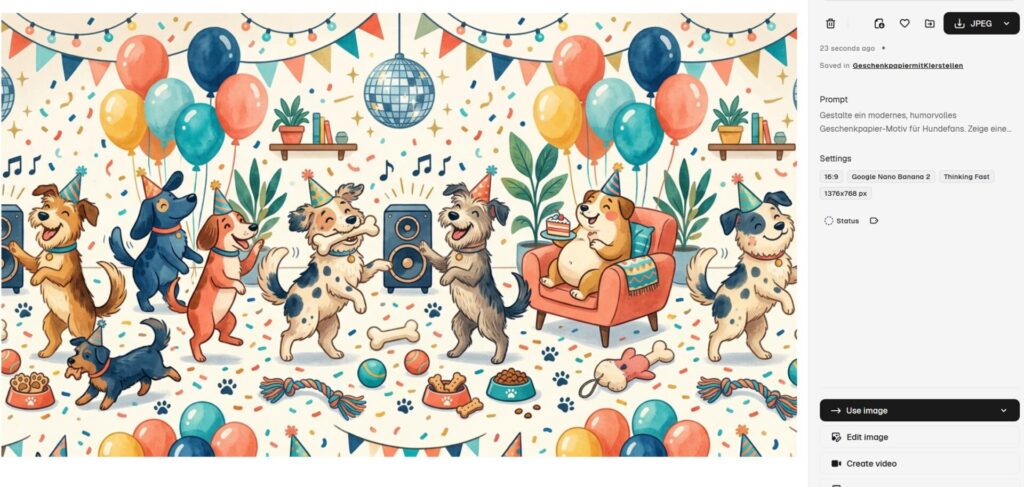 Geschenkpapier selber gestalten mit KI: Zwei Workflows für private und geschäftliche Geschenke 21 Fiktive Hunde feiern eine Party mit Partyhüten, Luftballons und Discokugel im Wohnzimmer