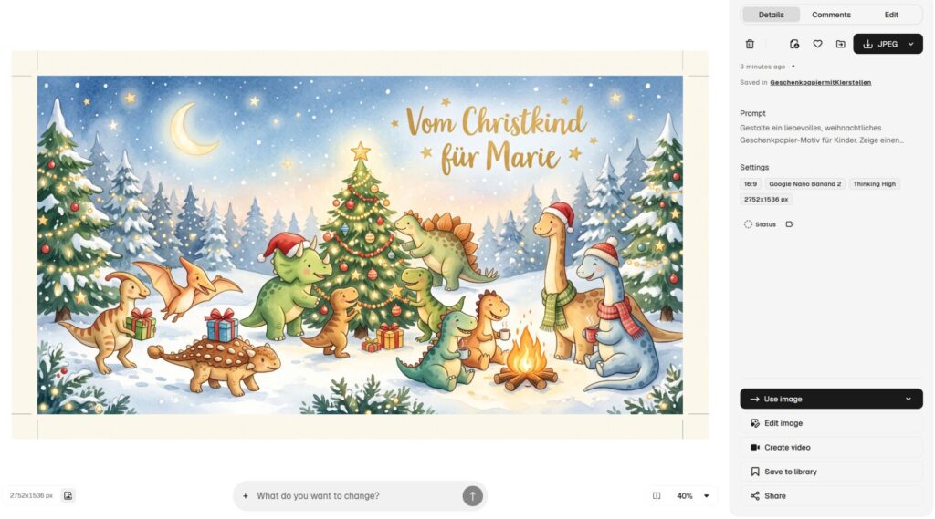 Geschenkpapier selber gestalten mit KI: Zwei Workflows für private und geschäftliche Geschenke 16 Bild mit Schrift