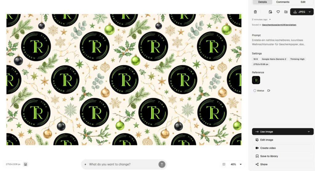 Geschenkpapier selber gestalten mit KI: Zwei Workflows für private und geschäftliche Geschenke 7 Geschenkpapier selber gestalten mit KI mit Logo